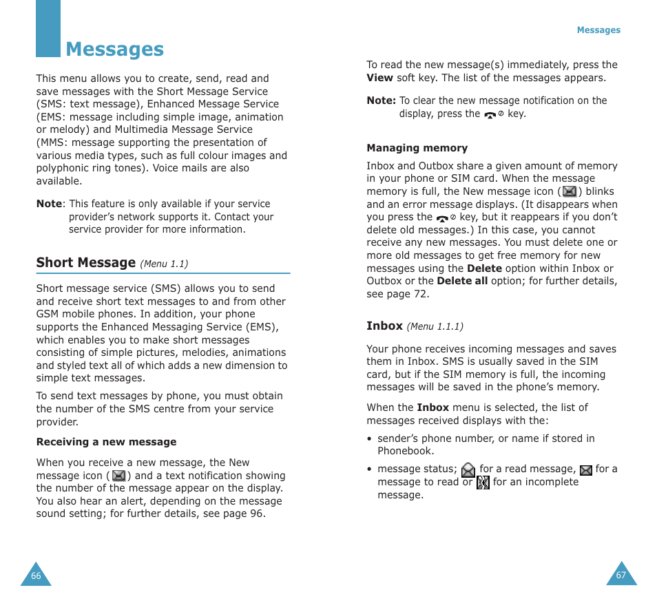 Messages, Short message | Samsung SGH-X100A User Manual | Page 35 / 87