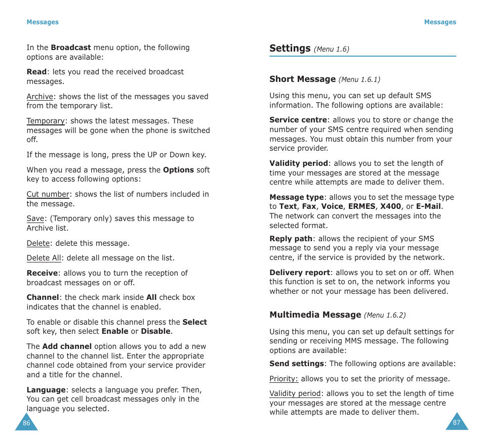 Settings | Samsung SGH-X100A User Manual | Page 45 / 87