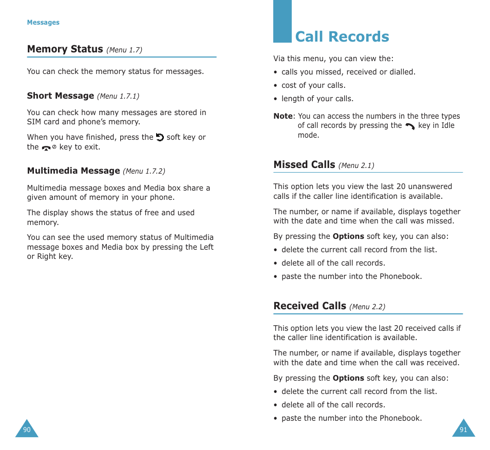Call records, Missed calls, Received calls | Samsung SGH-X100A User Manual | Page 47 / 87