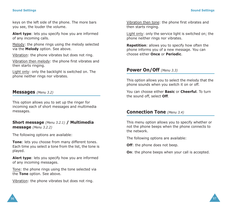 Messages, Power on/off, Connection tone | Samsung SGH-X100A User Manual | Page 50 / 87