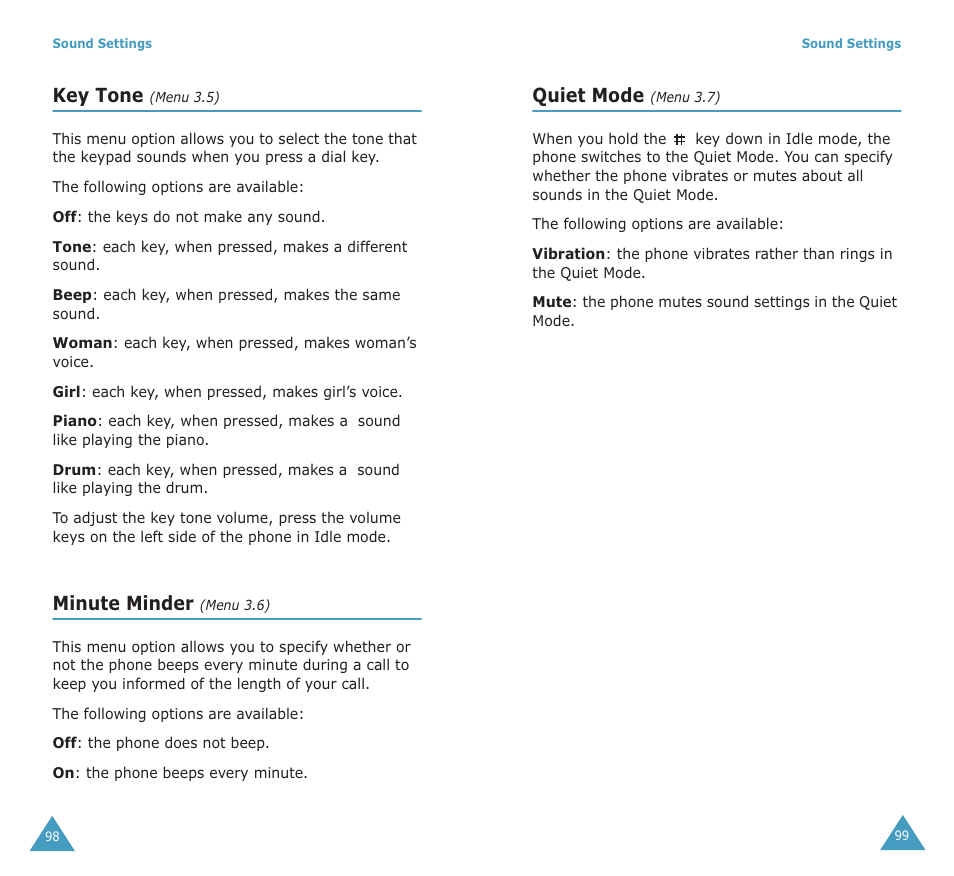 Key tone, Minute minder, Quiet mode | Samsung SGH-X100A User Manual | Page 51 / 87