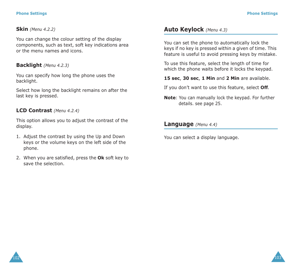 Auto keylock, Language | Samsung SGH-X100A User Manual | Page 53 / 87