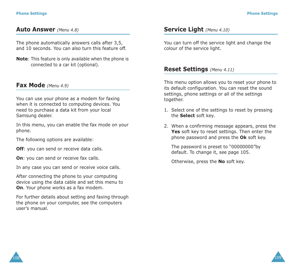 Auto answer, Fax mode, Service light | Reset settings | Samsung SGH-X100A User Manual | Page 56 / 87