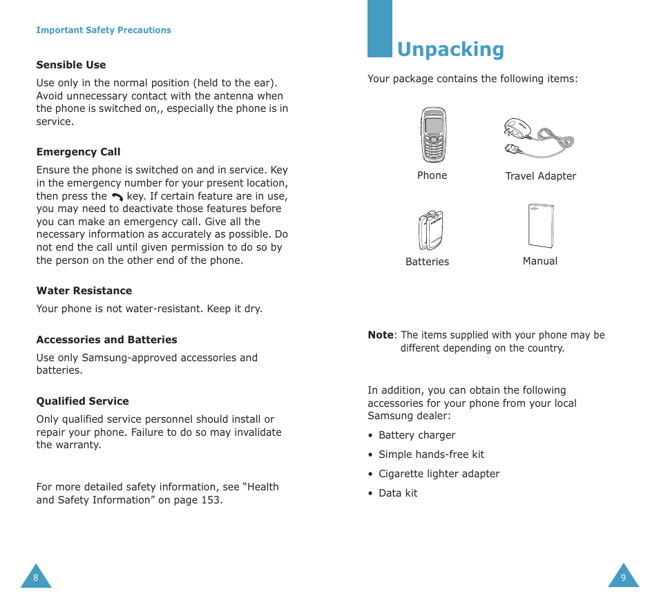 Unpacking | Samsung SGH-X100A User Manual | Page 6 / 87
