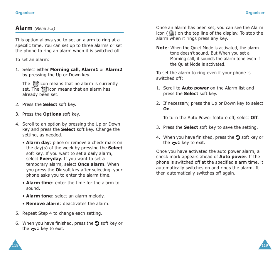 Alarm | Samsung SGH-X100A User Manual | Page 61 / 87