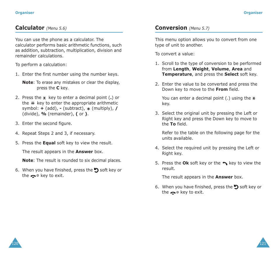 Calculator, Conversion | Samsung SGH-X100A User Manual | Page 62 / 87