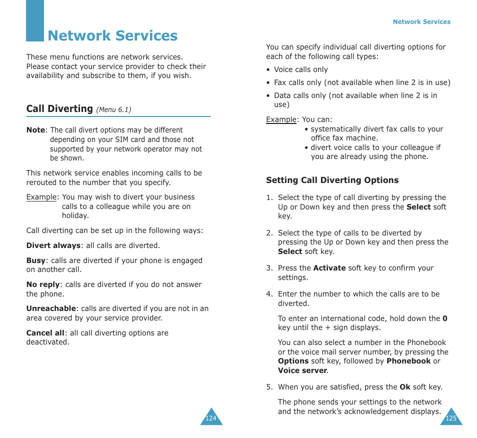 Network services, Call diverting | Samsung SGH-X100A User Manual | Page 64 / 87