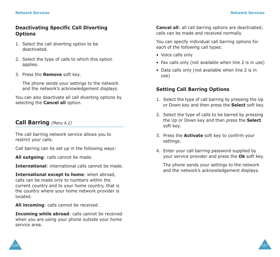 Call barring | Samsung SGH-X100A User Manual | Page 65 / 87