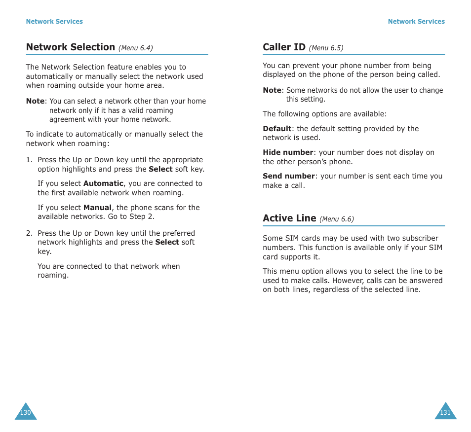 Network selection, Caller id, Active line | Samsung SGH-X100A User Manual | Page 67 / 87