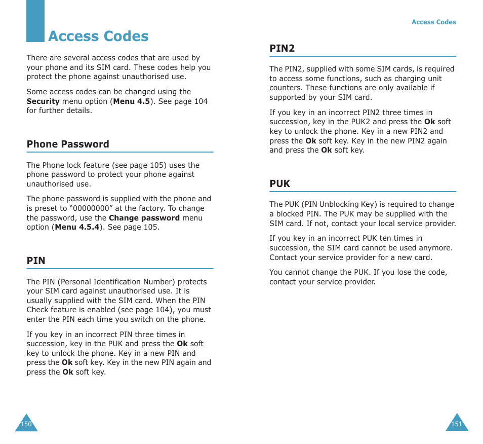 Access codes | Samsung SGH-X100A User Manual | Page 77 / 87