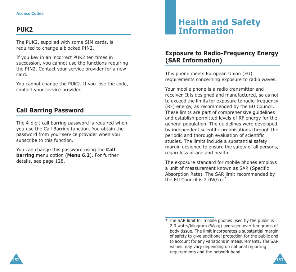 Health and safety information, Puk2, Call barring password | Samsung SGH-X100A User Manual | Page 78 / 87