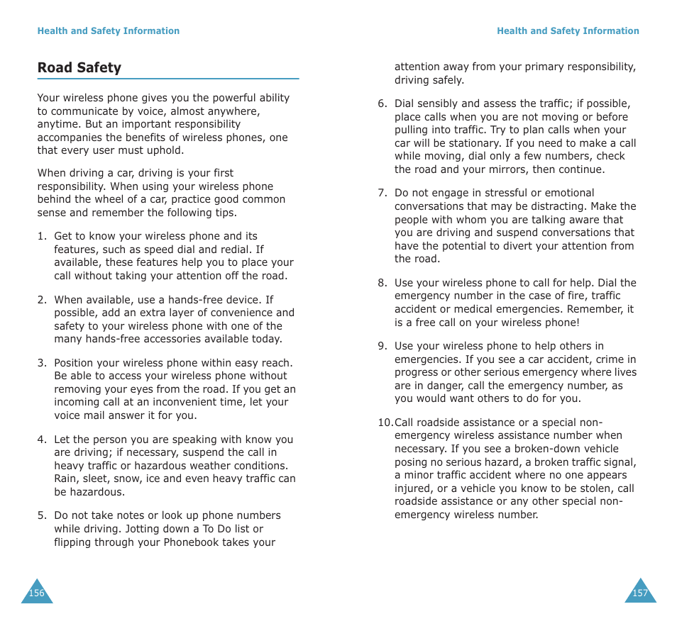 Road safety | Samsung SGH-X100A User Manual | Page 80 / 87