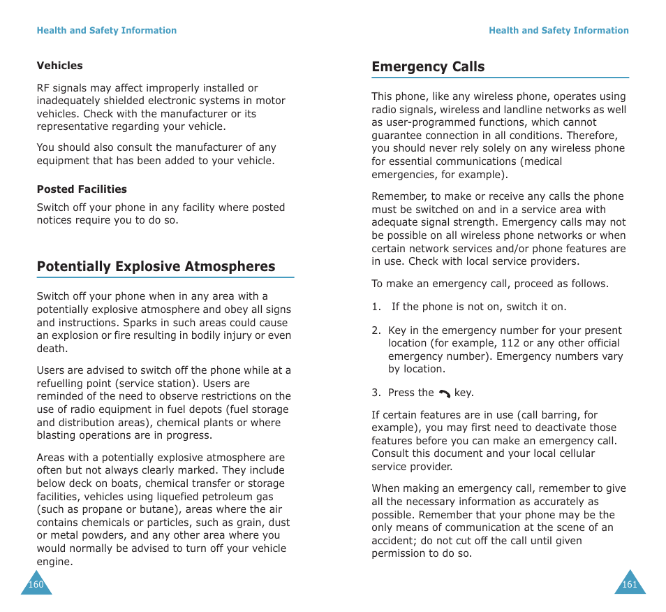 Potentially explosive atmospheres, Emergency calls | Samsung SGH-X100A User Manual | Page 82 / 87