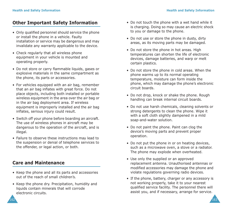 Other important safety information, Care and maintenance | Samsung SGH-X100A User Manual | Page 83 / 87