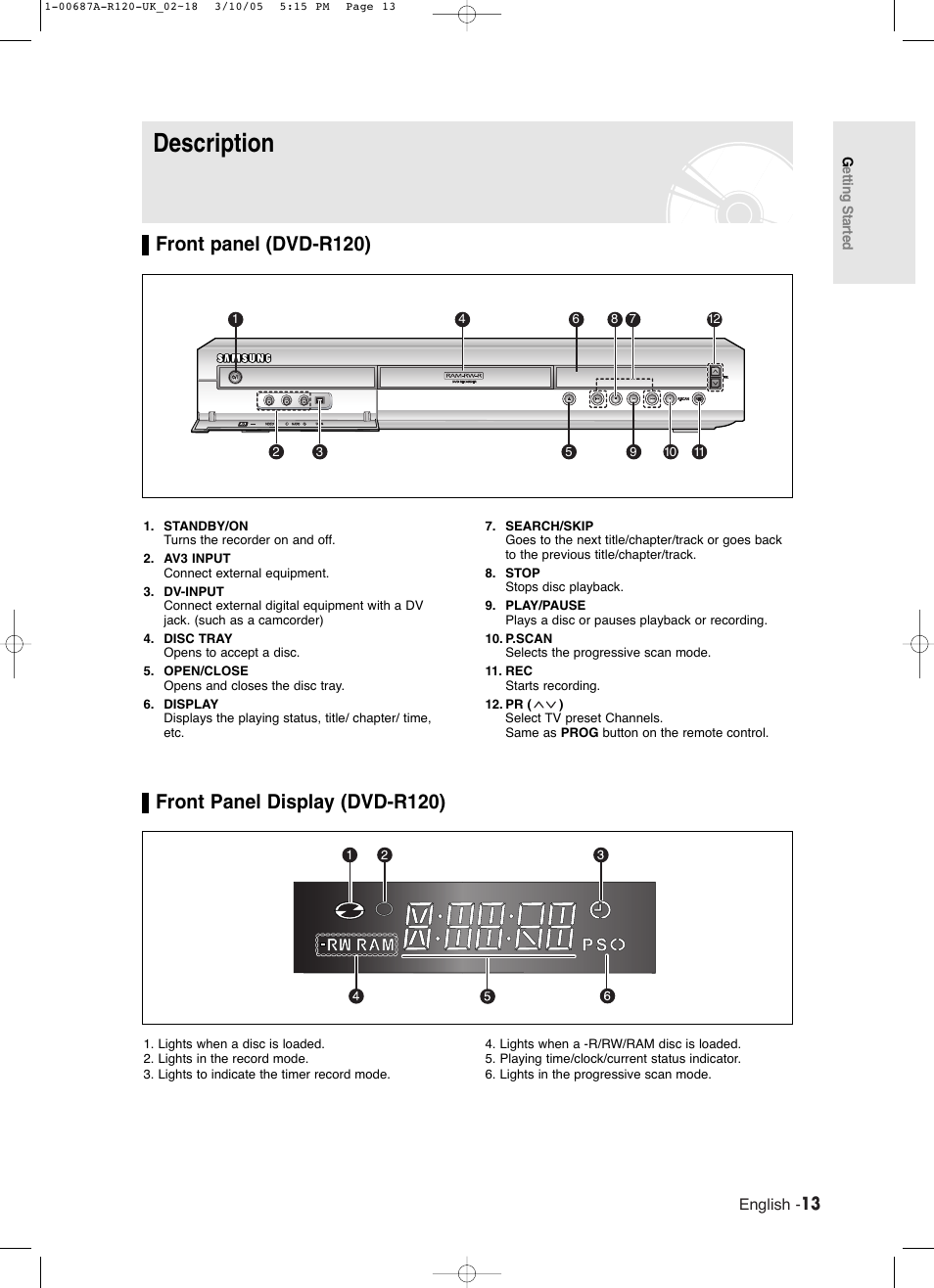 Description, Front panel (dvd-r120), Front panel display (dvd-r120) | Samsung DVD-R120 EN User Manual | Page 13 / 95