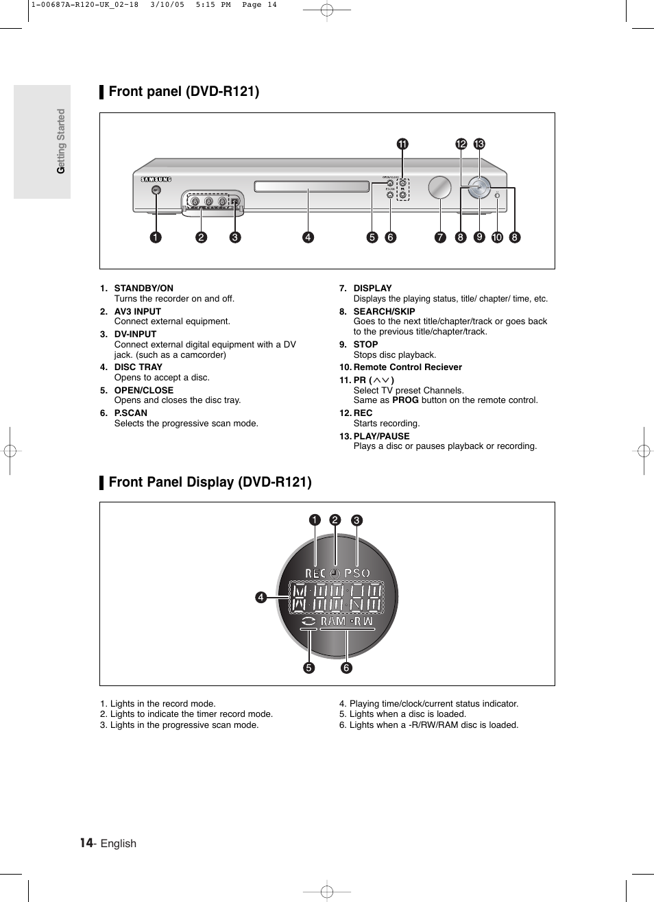Front panel (dvd-r121), Front panel display (dvd-r121) | Samsung DVD-R120 EN User Manual | Page 14 / 95