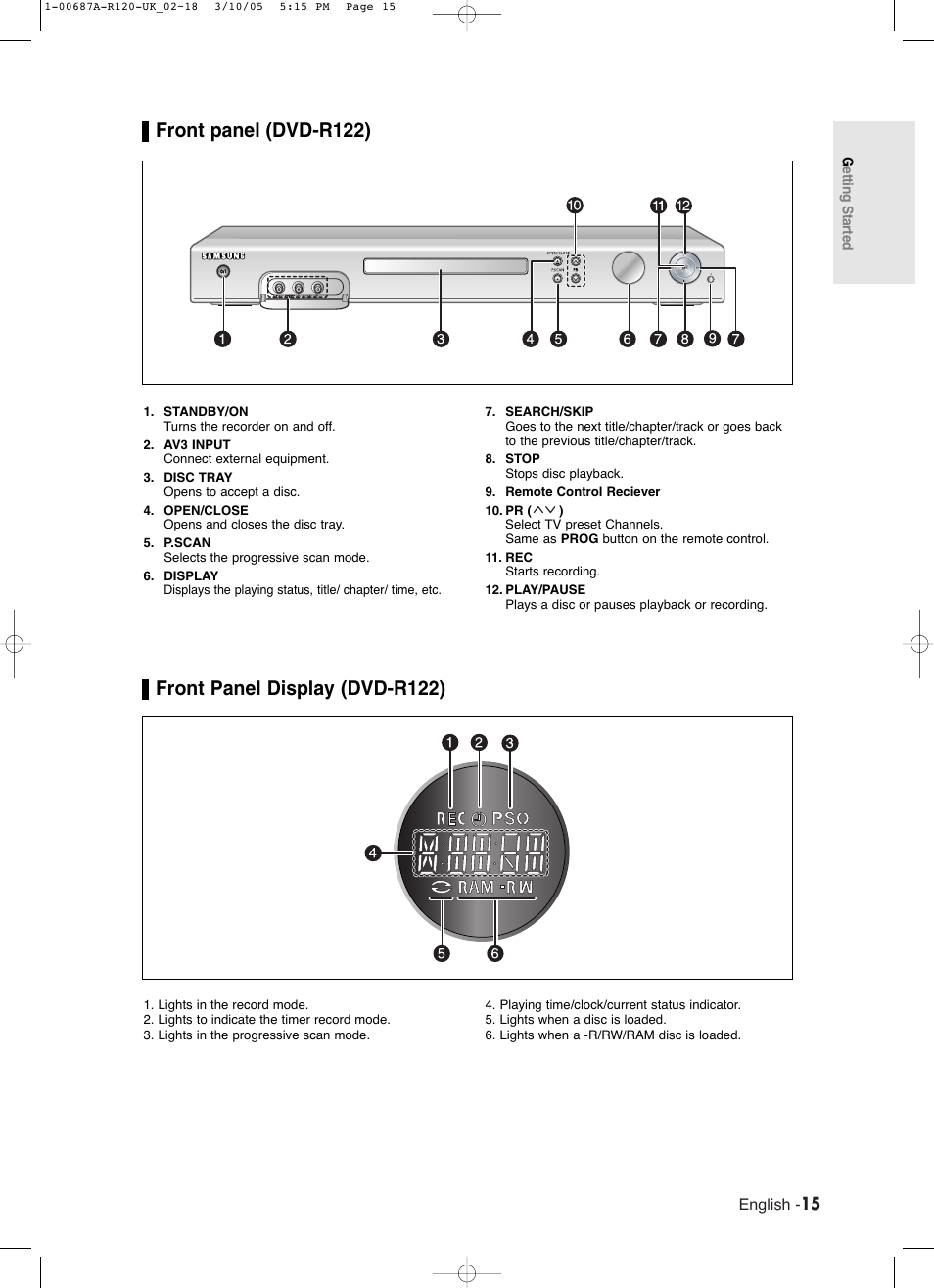 Front panel (dvd-r122), Front panel display (dvd-r122) | Samsung DVD-R120 EN User Manual | Page 15 / 95