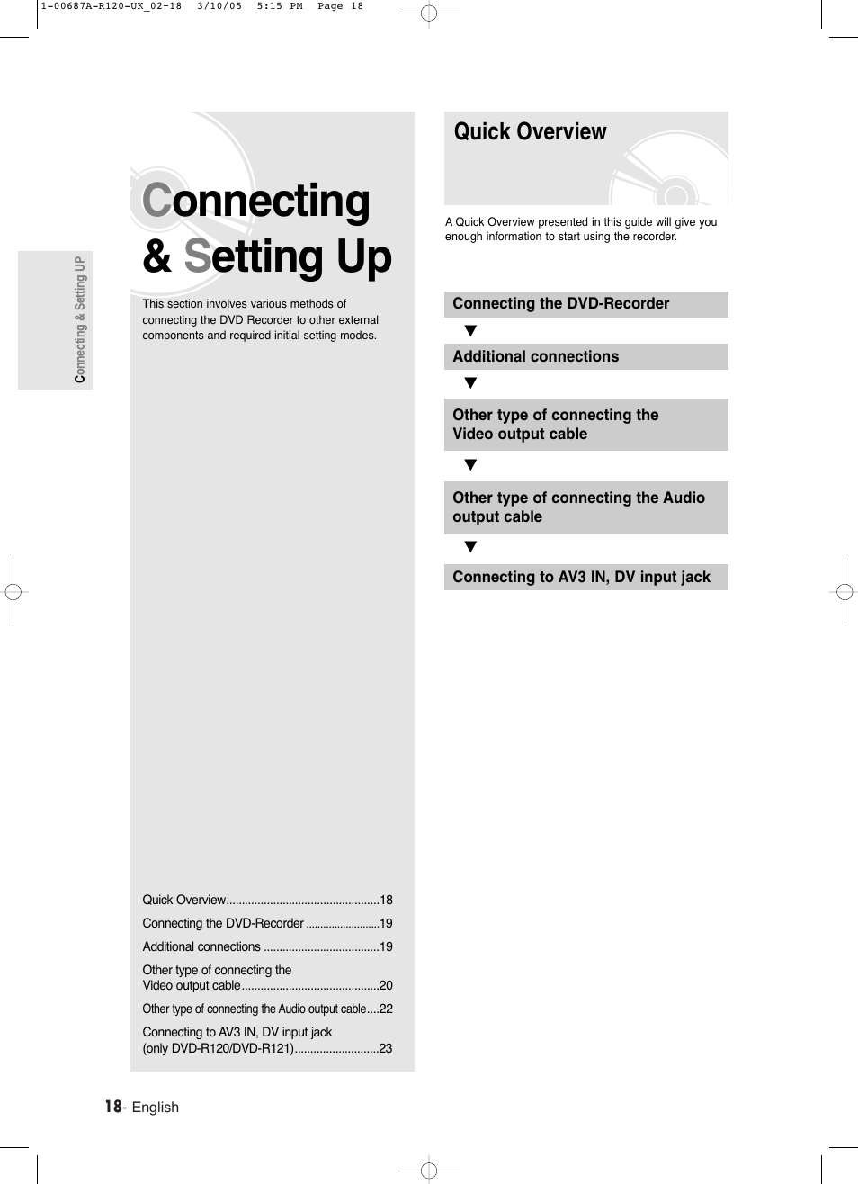 Quick overview, Connecting & s etting up | Samsung DVD-R120 EN User Manual | Page 18 / 95