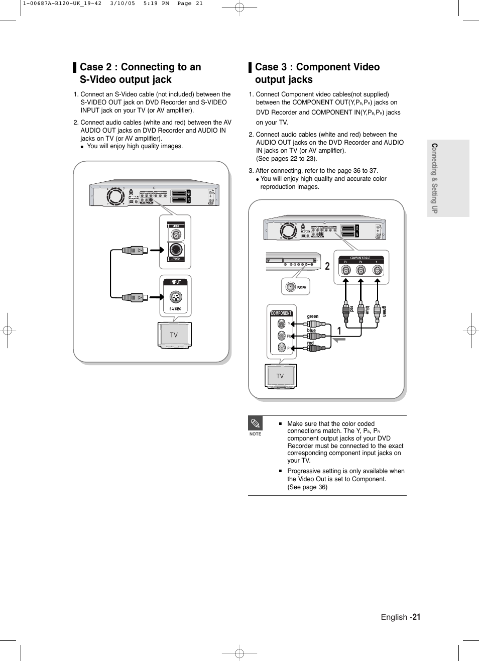 Case 2 : connecting to an s-video output jack, Case 3 : component video output jacks, English | Samsung DVD-R120 EN User Manual | Page 21 / 95