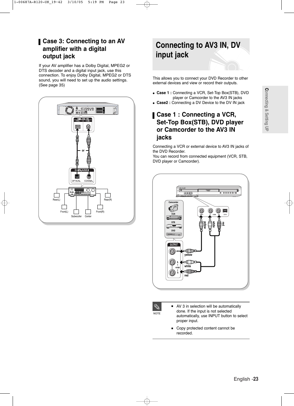 Connecting to av3 in, dv input jack, English | Samsung DVD-R120 EN User Manual | Page 23 / 95