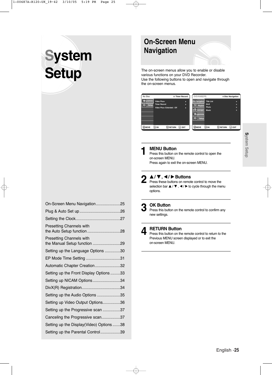 System setup, On-screen menu navigation | Samsung DVD-R120 EN User Manual | Page 25 / 95