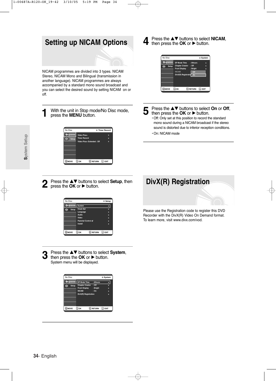 Setting up nicam options, Divx(r) registration, English | System setup, System menu will be displayed | Samsung DVD-R120 EN User Manual | Page 34 / 95