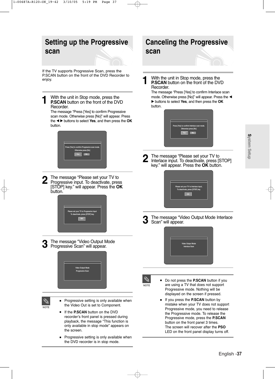 Setting up the progressive scan, Canceling the progressive scan | Samsung DVD-R120 EN User Manual | Page 37 / 95