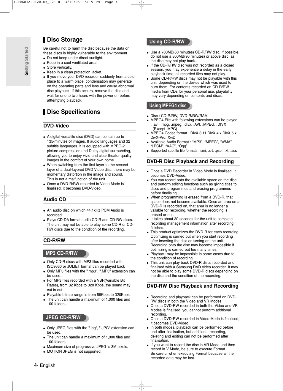 Disc storage, Disc specifications, Dvd-r disc playback and recording | Dvd-rw disc playback and recording, Dvd-video, Audio cd, Cd-r/rw, English | Samsung DVD-R120 EN User Manual | Page 4 / 95