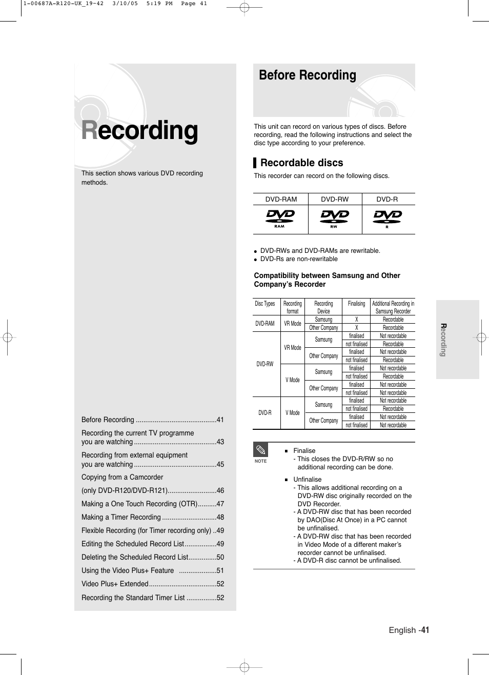 Recording, Before recording, Recordable discs | Samsung DVD-R120 EN User Manual | Page 41 / 95