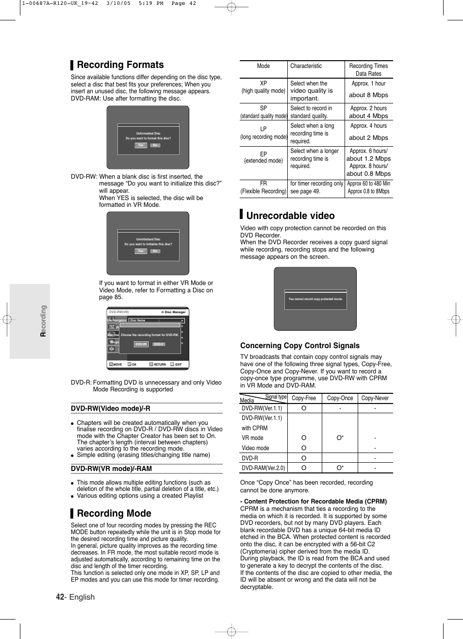 Unrecordable video, Recording formats, Recording mode | English, Concerning copy control signals | Samsung DVD-R120 EN User Manual | Page 42 / 95