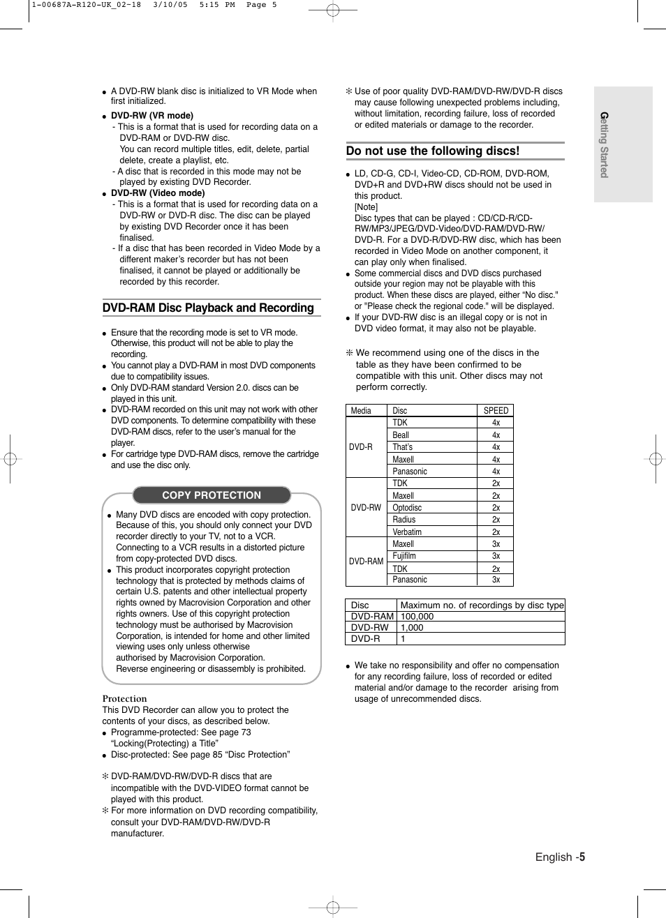 Dvd-ram disc playback and recording, Do not use the following discs, English | Samsung DVD-R120 EN User Manual | Page 5 / 95