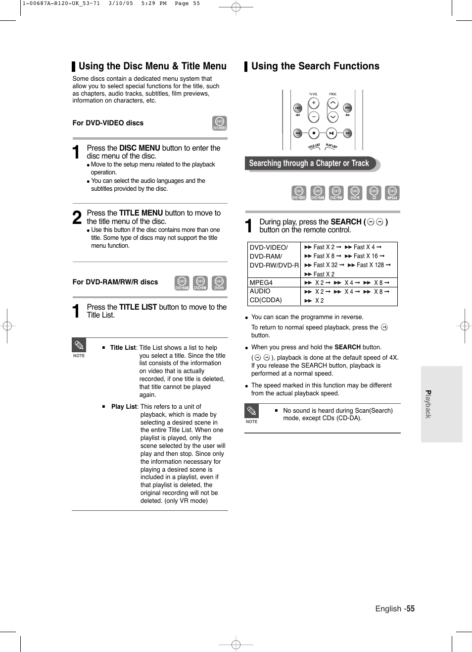 Using the search functions, Using the disc menu & title menu | Samsung DVD-R120 EN User Manual | Page 55 / 95