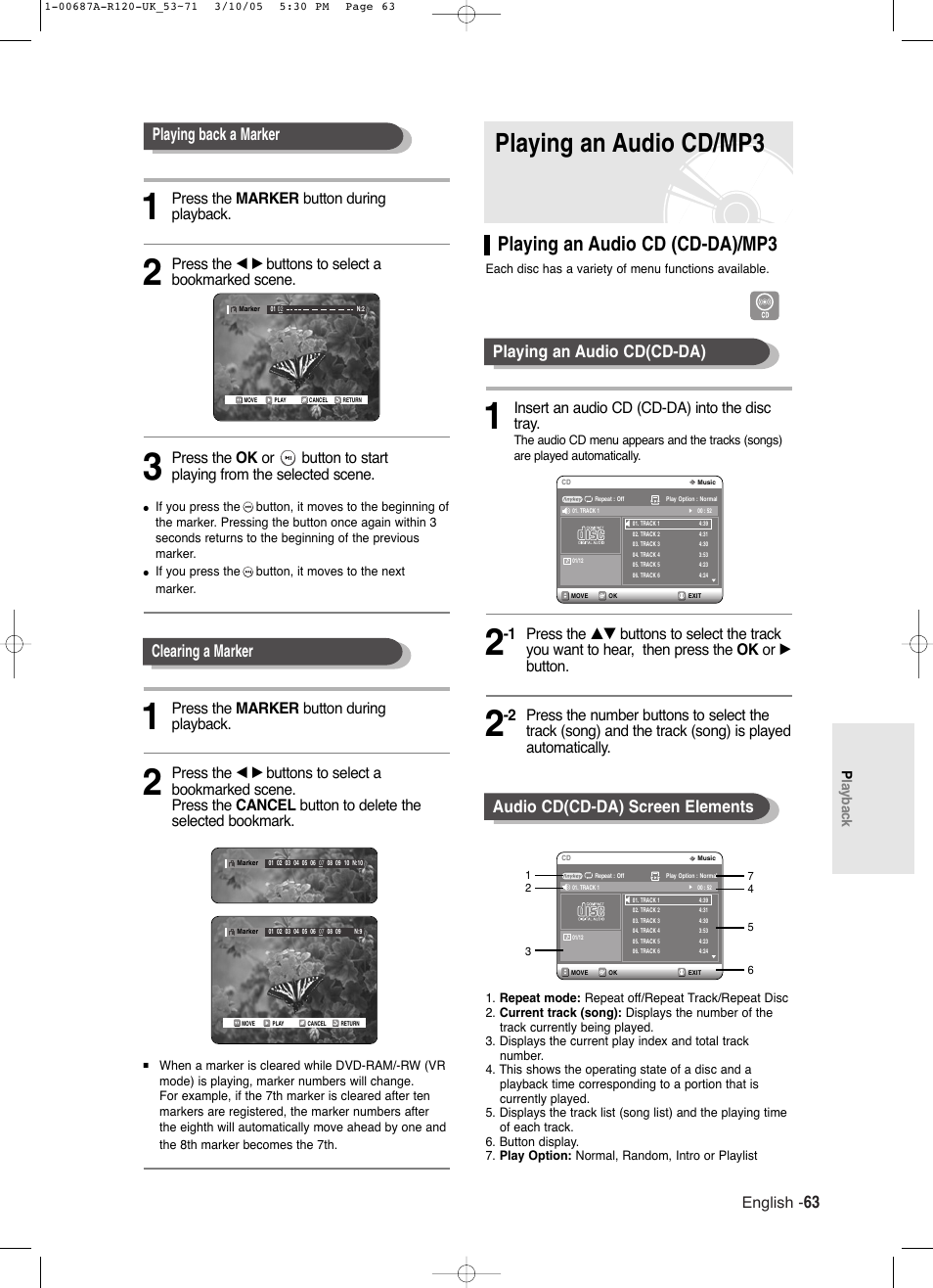 Playing an audio cd/mp3, Playing an audio cd (cd-da)/mp3, Clearing a marker playing back a marker | English, Press the marker button during playback, Press the œ √ buttons to select a bookmarked scene, Insert an audio cd (cd-da) into the disc tray | Samsung DVD-R120 EN User Manual | Page 63 / 95