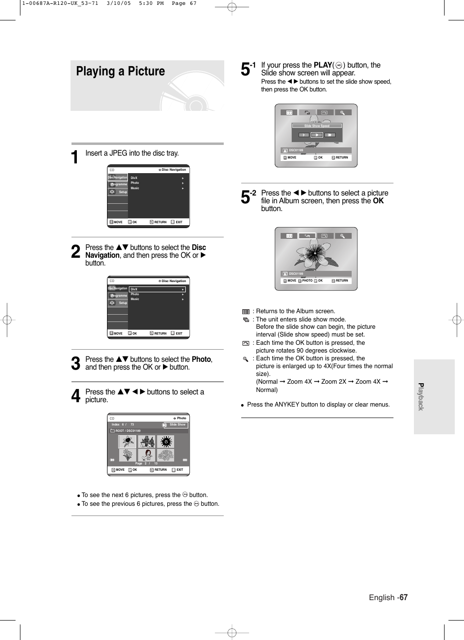 Playing a picture, English, Insert a jpeg into the disc tray | Press the …† œ √ buttons to select a picture, Playback | Samsung DVD-R120 EN User Manual | Page 67 / 95