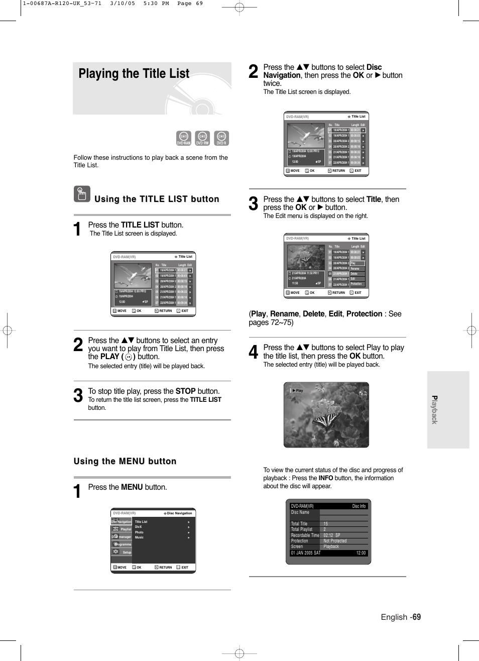 Playing the title list, Using the title list button, Using the menu button | English, Press the title list button, Press the menu button, Playback, The title list screen is displayed, The edit menu is displayed on the right, The selected entry (title) will be played back | Samsung DVD-R120 EN User Manual | Page 69 / 95