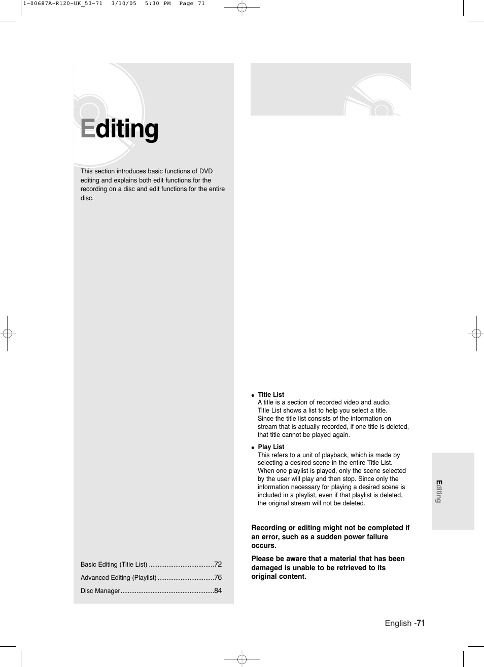 Editing | Samsung DVD-R120 EN User Manual | Page 71 / 95