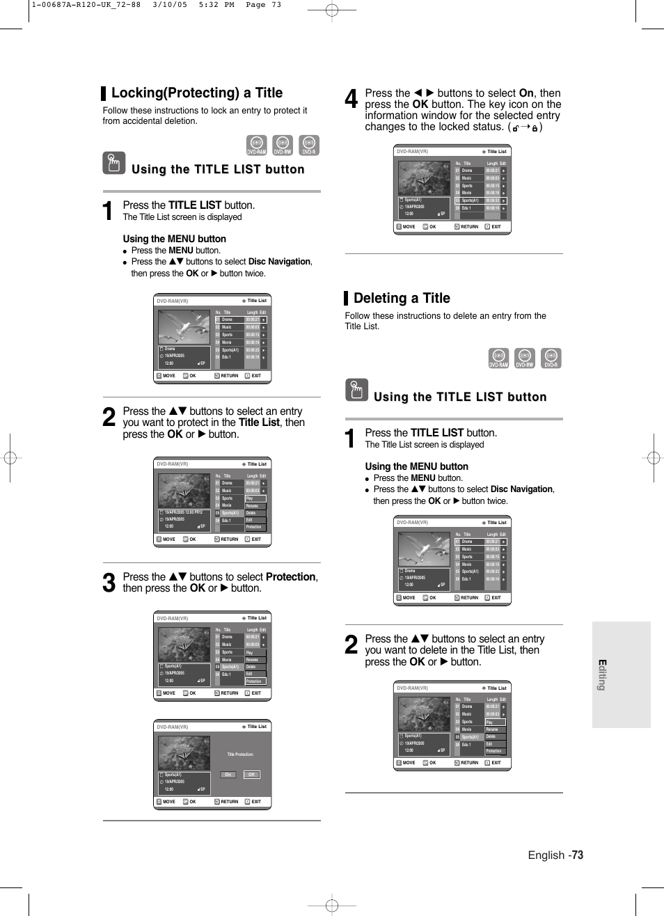 Locking(protecting) a title, Deleting a title, Using the title list button | English, Press the title list button, Editing, Using the menu button, The title list screen is displayed, Press the menu button | Samsung DVD-R120 EN User Manual | Page 73 / 95