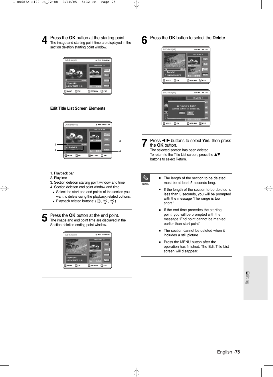 English, Press the ok button at the starting point, Press the ok button at the end point | Press the ok button to select the delete, Editing, Edit title list screen elements, Playback related buttons: ( , , ) | Samsung DVD-R120 EN User Manual | Page 75 / 95