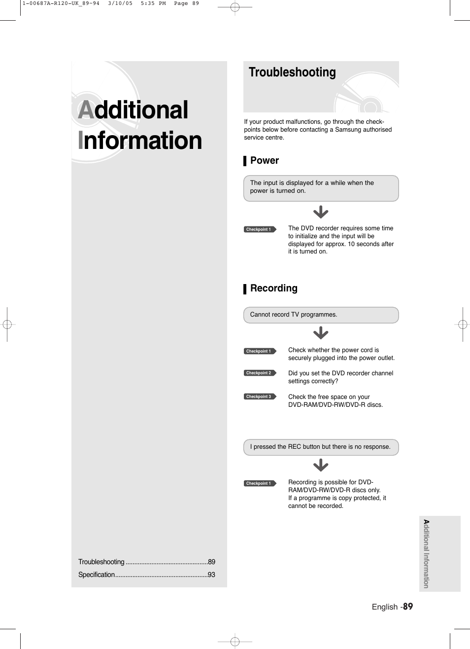 Additional information, Troubleshooting, Additional i nformation | Samsung DVD-R120 EN User Manual | Page 89 / 95