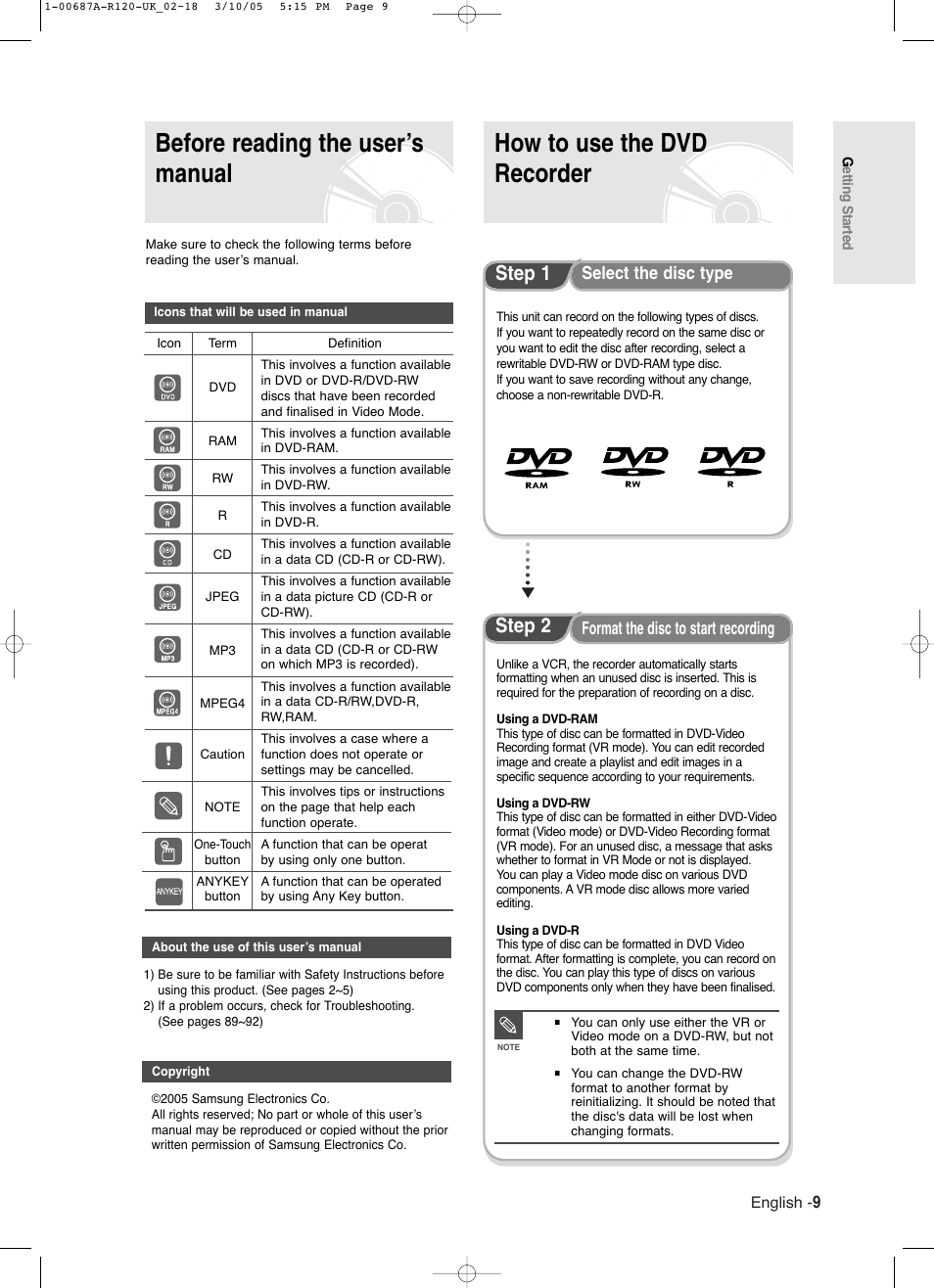 Before reading the user’s manual, How to use the dvd recorder, Step 1 | Step 2, Select the disc type, Format the disc to start recording | Samsung DVD-R120 EN User Manual | Page 9 / 95