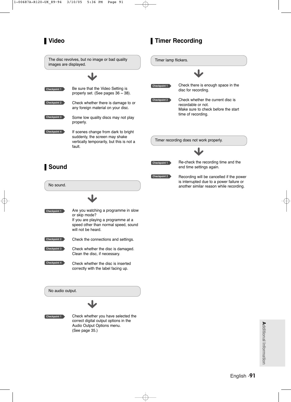 Sound, Timer recording, Video | English | Samsung DVD-R120 EN User Manual | Page 91 / 95