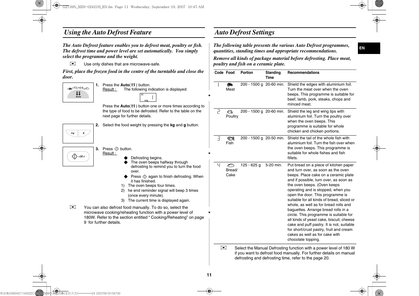 Using the auto defrost feature, Auto defrost settings | Samsung G2739N User Manual | Page 11 / 24