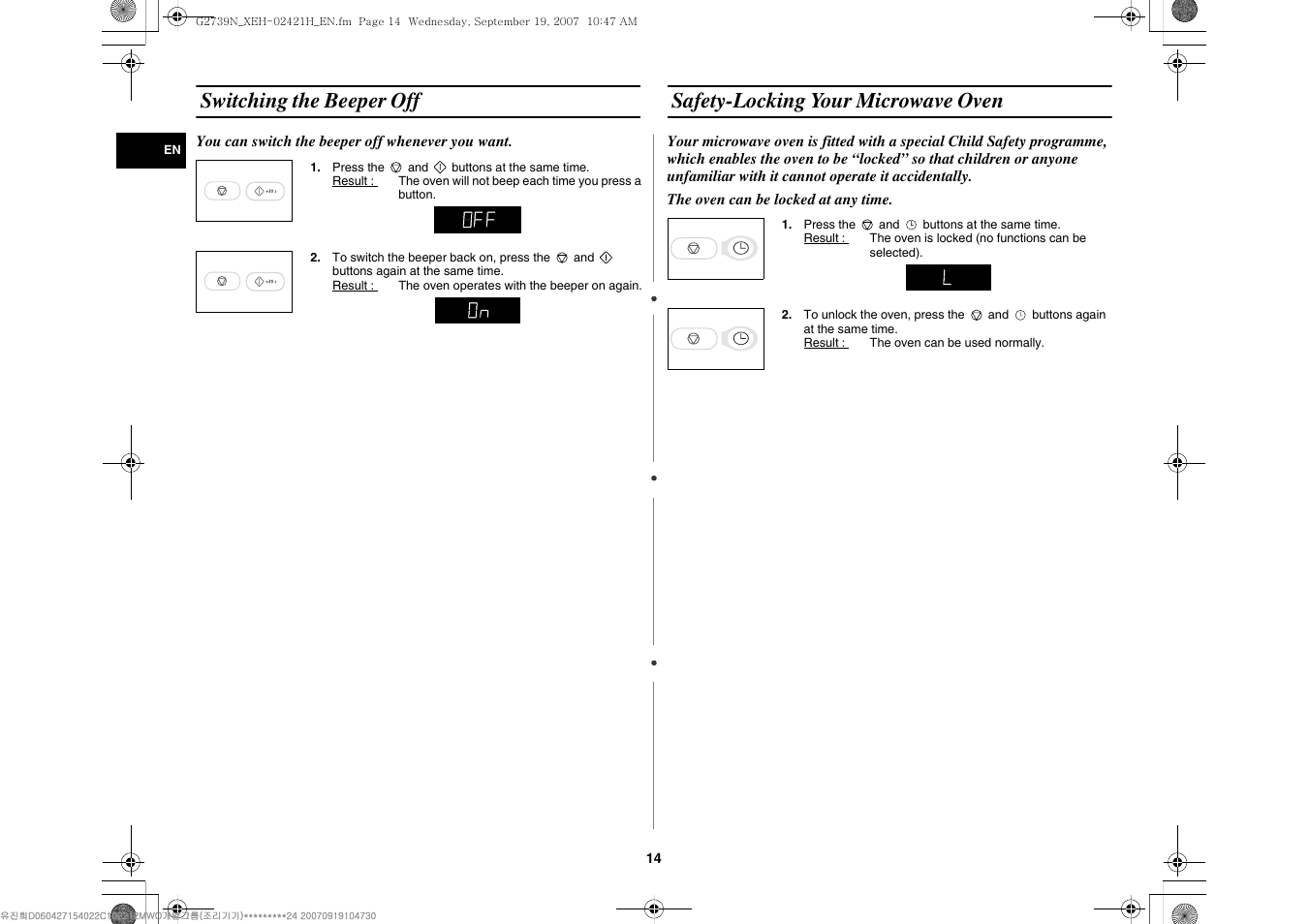 Switching the beeper off, Safety-locking your microwave oven | Samsung G2739N User Manual | Page 14 / 24