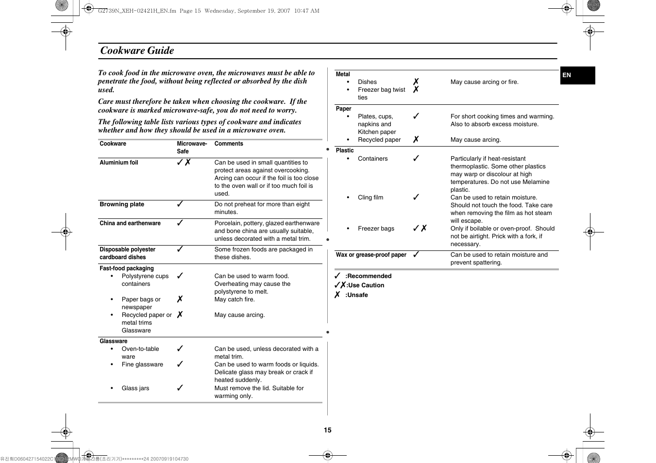 Cookware guide | Samsung G2739N User Manual | Page 15 / 24