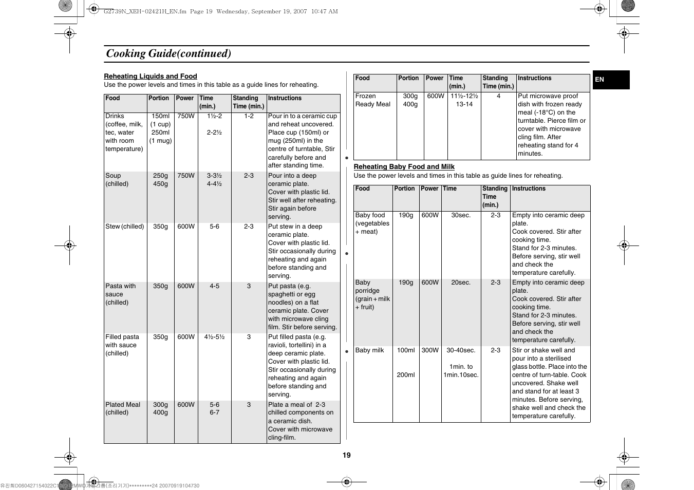 Cooking guide(continued) | Samsung G2739N User Manual | Page 19 / 24