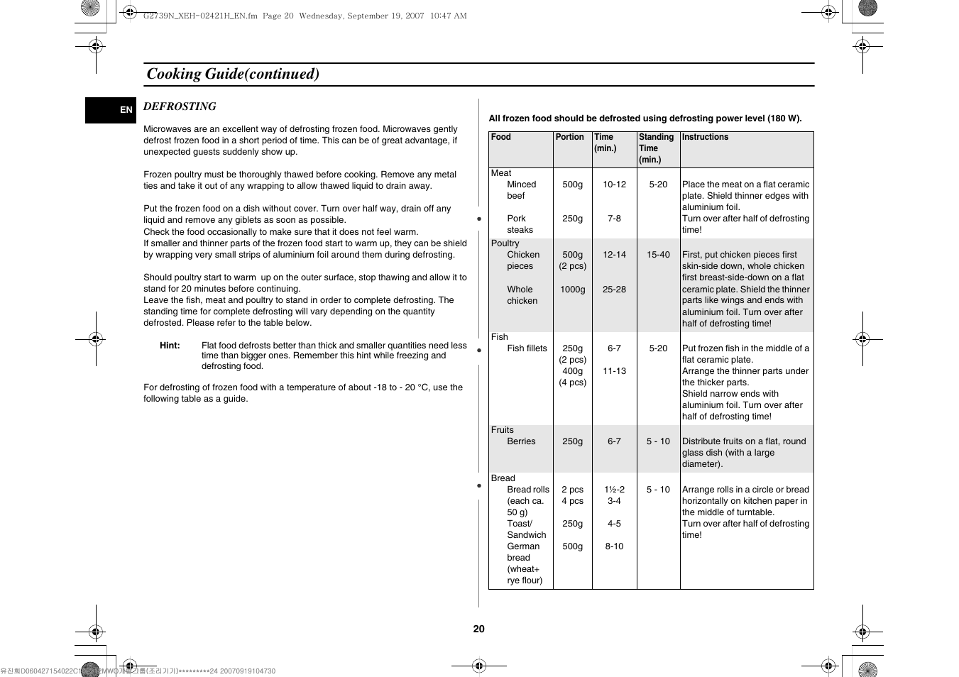 Cooking guide(continued) | Samsung G2739N User Manual | Page 20 / 24