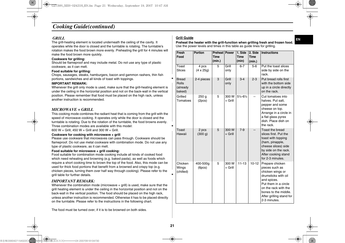 Cooking guide(continued) | Samsung G2739N User Manual | Page 21 / 24