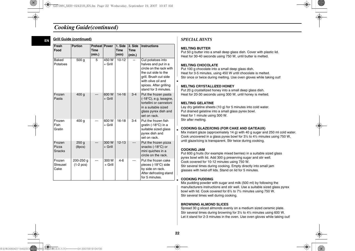 Cooking guide(continued) | Samsung G2739N User Manual | Page 22 / 24