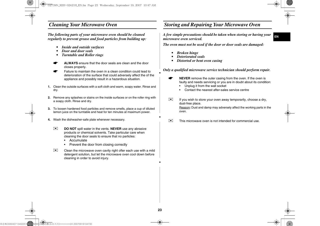 Cleaning your microwave oven, Storing and repairing your microwave oven | Samsung G2739N User Manual | Page 23 / 24