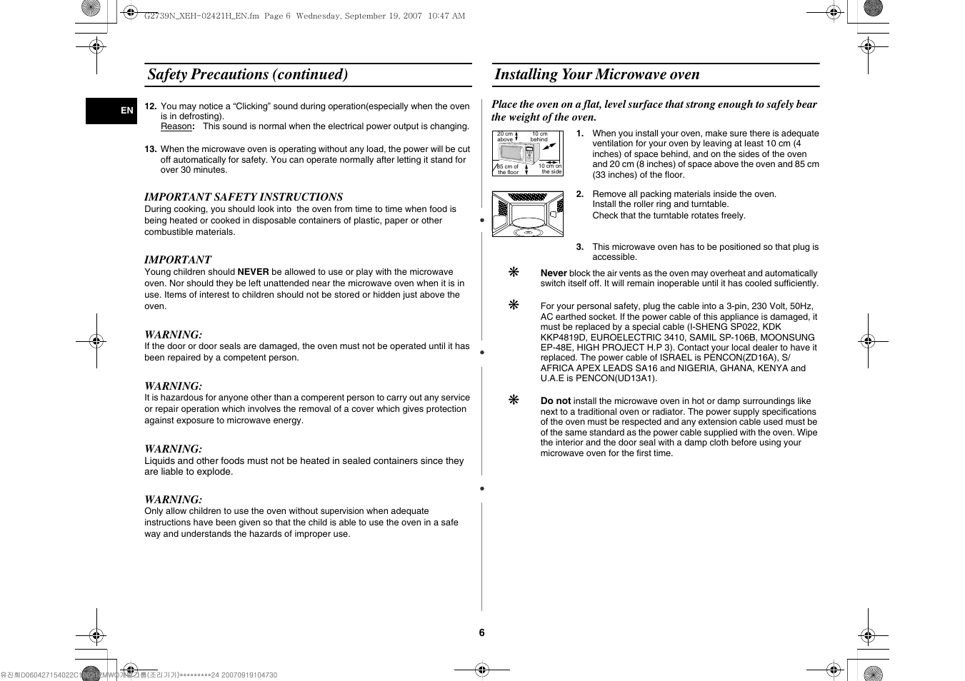 Installing your microwave oven, Safety precautions (continued) | Samsung G2739N User Manual | Page 6 / 24